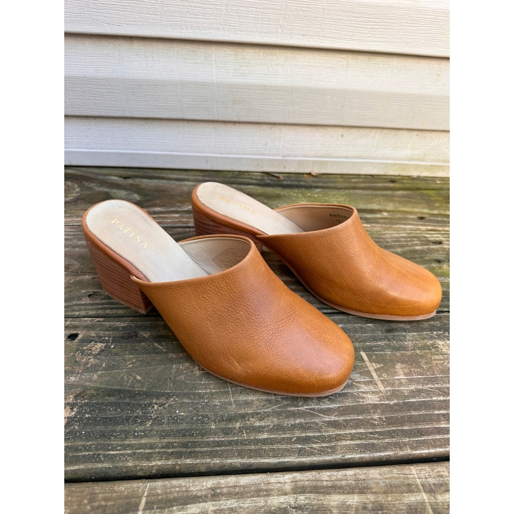 Patina Tan Leather Block Heel Mules Slip On Almond Toe Shoes Size 11 - Picture 2 of 8